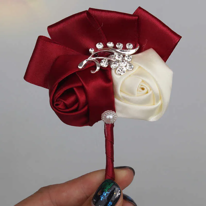 أفضل رجل العريس boutonniere العاج النبيذ الأحمر الحرير روز زهرة الصدار حفل زفاف حفلة موسيقية دعوى بروش الزهور دي novia XH1317-5 Y0630