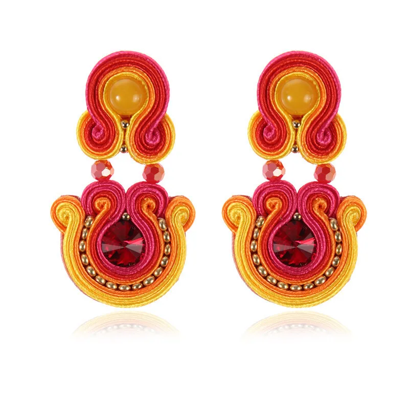 Soutache tissage à la main Boucles d'oreilles goutte Ethnique boho Bijoux de mode pour les femmes grande boucle d'oreille Dangle Design en cuir rouge orange blanc