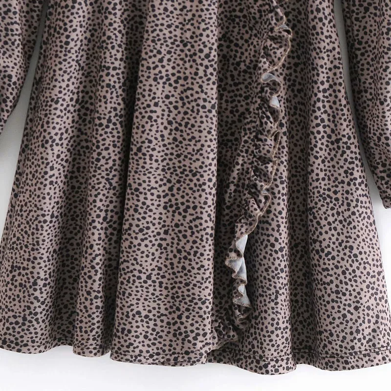 Mulheres verão leopardo impressão vestido longo manga v-pescoço decote zíper envoltório vintage feminino elegante babados mini vestidos vestidos 210513