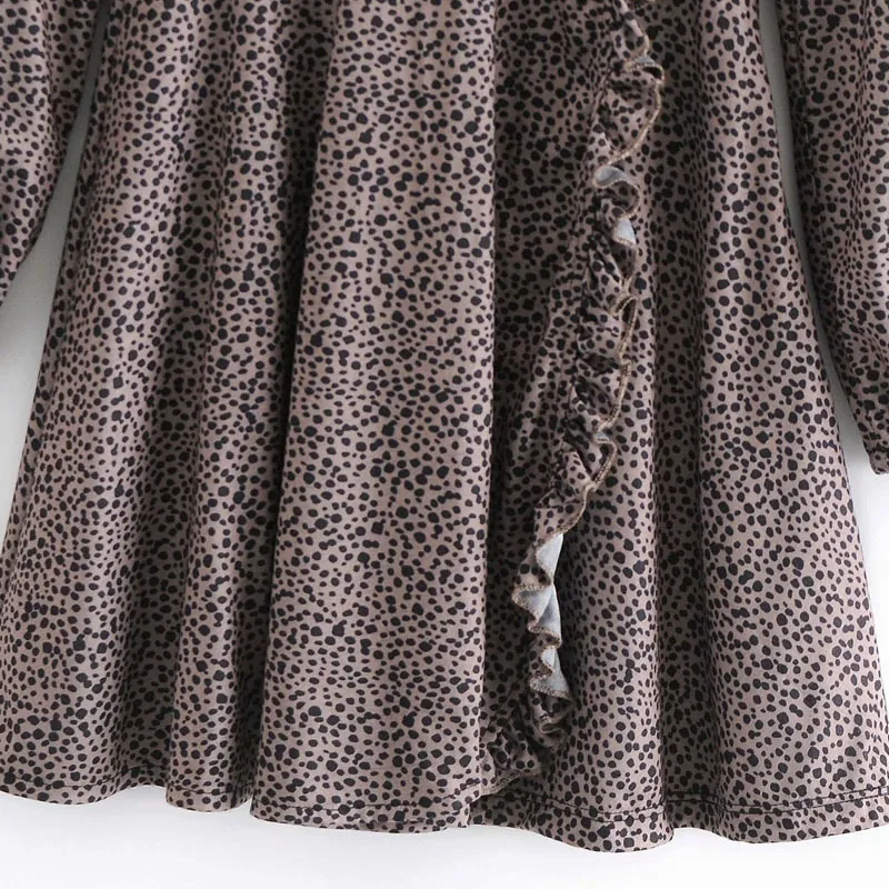 Женщины летнее леопардовое платье платье с длинным рукавом V-образным вырезом сторона молнии обертка винтажные женские элегантные оборки мини платья Vestidos 210513
