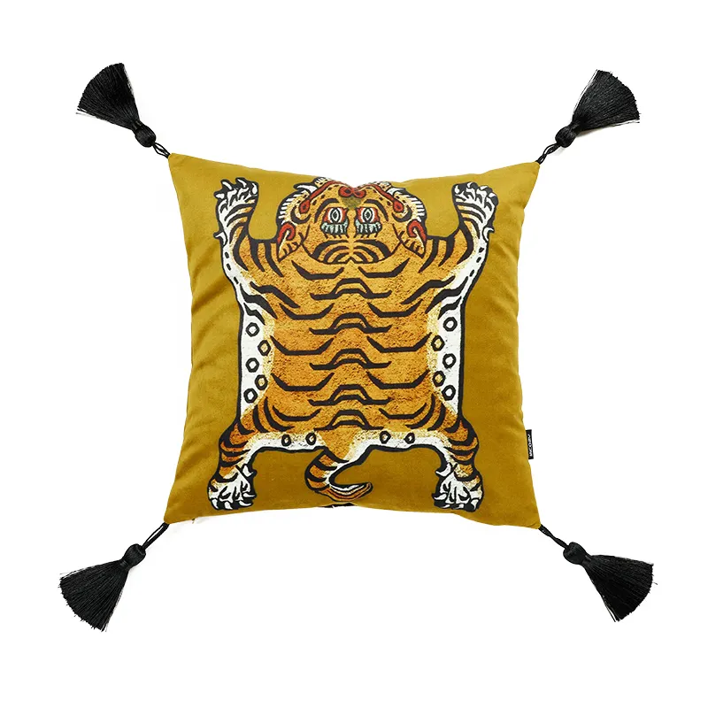 DunxDeco Coush Cope Decorative Square Pillow Case Vintage Artistic Tiger Print Tassel Soft Velvet Coussin Dofa Стул.