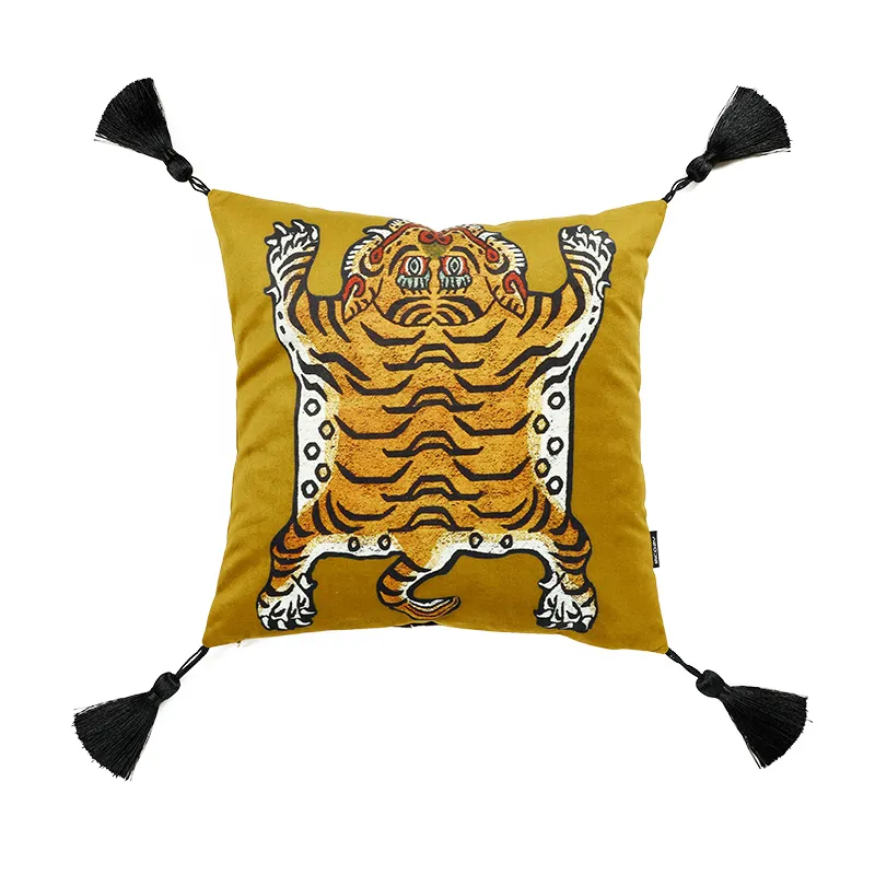 Dunxdeco Cushion Cover Dekorativ fyrkantig kuddefodral Vintage Artistic Tiger Print Tassel Soft Velvet Coussin Sofa Stol Bedding 213430838