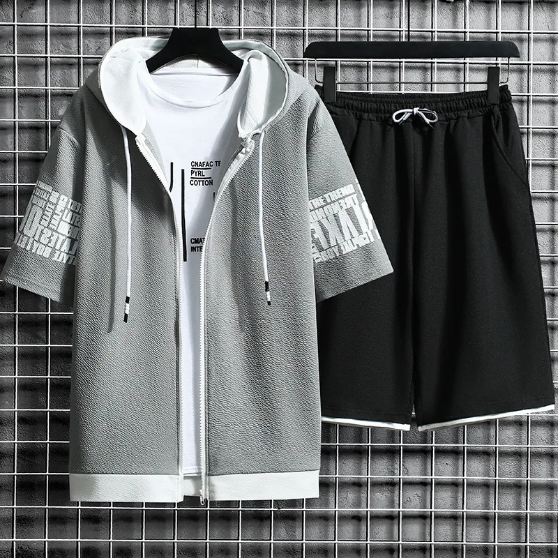 Fashion Men's Sets Hooded Summer Casual Sportswear Men Short Sleeve Zipper Tops+shorts Hip Hop Streetwear Male Tracksuit 220308