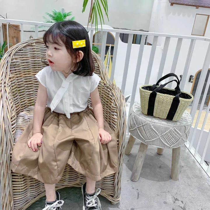 Summer Girls' Clothing Sets Japan & South Korea Art Shirt+Wide Leg Pants Cute Kids Clothes Suit Children 210625