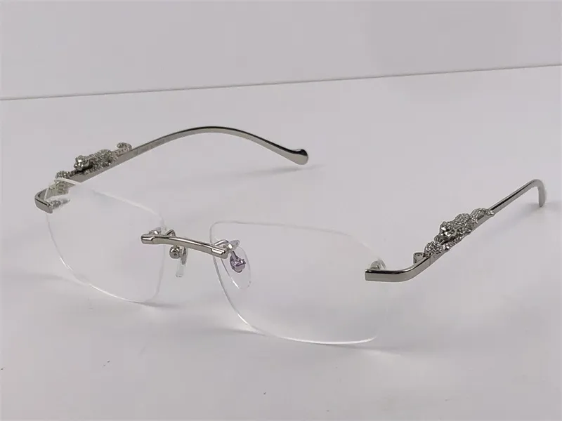 occhiali con montatura da vista di nuovo design alla moda 36456512 piccole lenti irregolari senza cornice in cristallo trasparente tagliato gamba di animale retrò classico209u