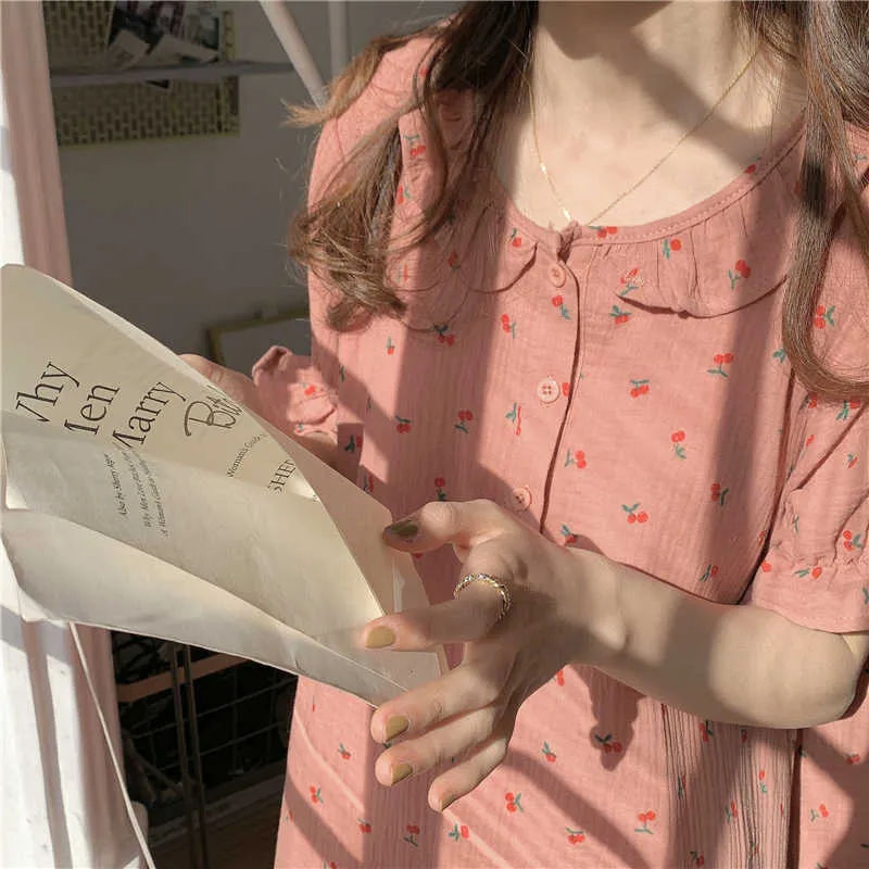 Rose imprimé chic homewear été lâche florals doux princesse robe pyjamascotton vêtements de nuit chemise de nuit 210525