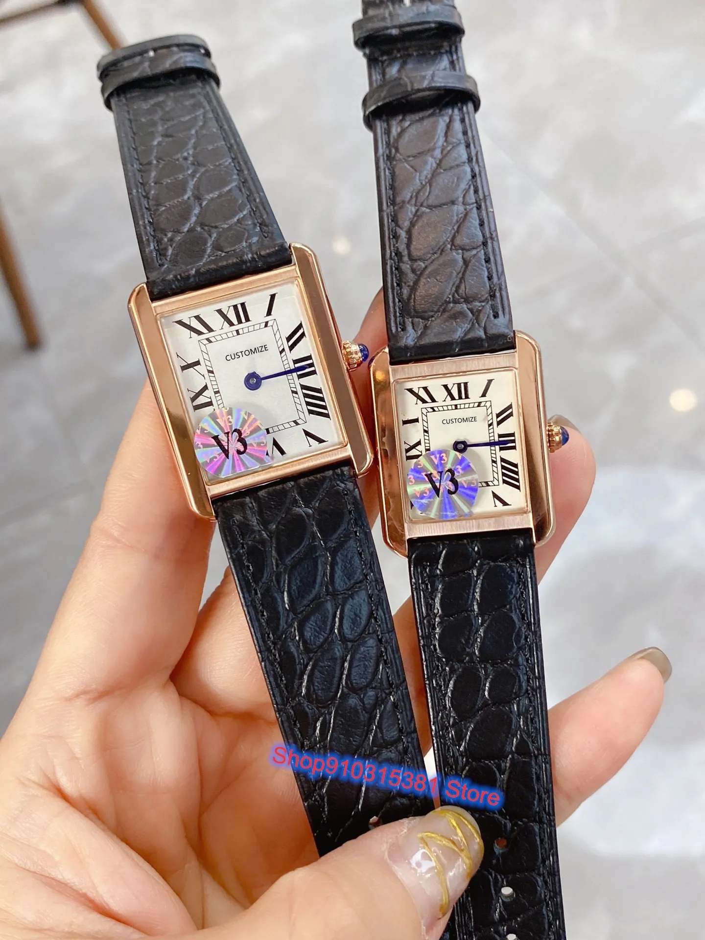 Classic Fashion Couple Quartz Clock Genuine Cow Leather Rectangle Watch Famous Brand Gold Roman Number Blue Needle Wristwatch