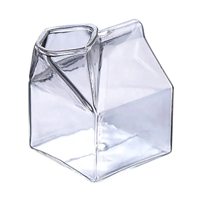 10 5x7x7cm Square Glass Milk Carton Cup Container Cream Bottle Mini Cartoon Drawing Water Wine Glasses275d