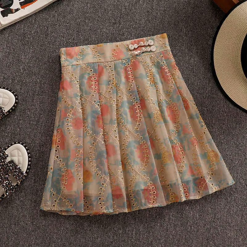 中国のチャイナのデザインファッション女性の夏の花のTシャツ+スカート2個セット女性のスーツのドレス210428