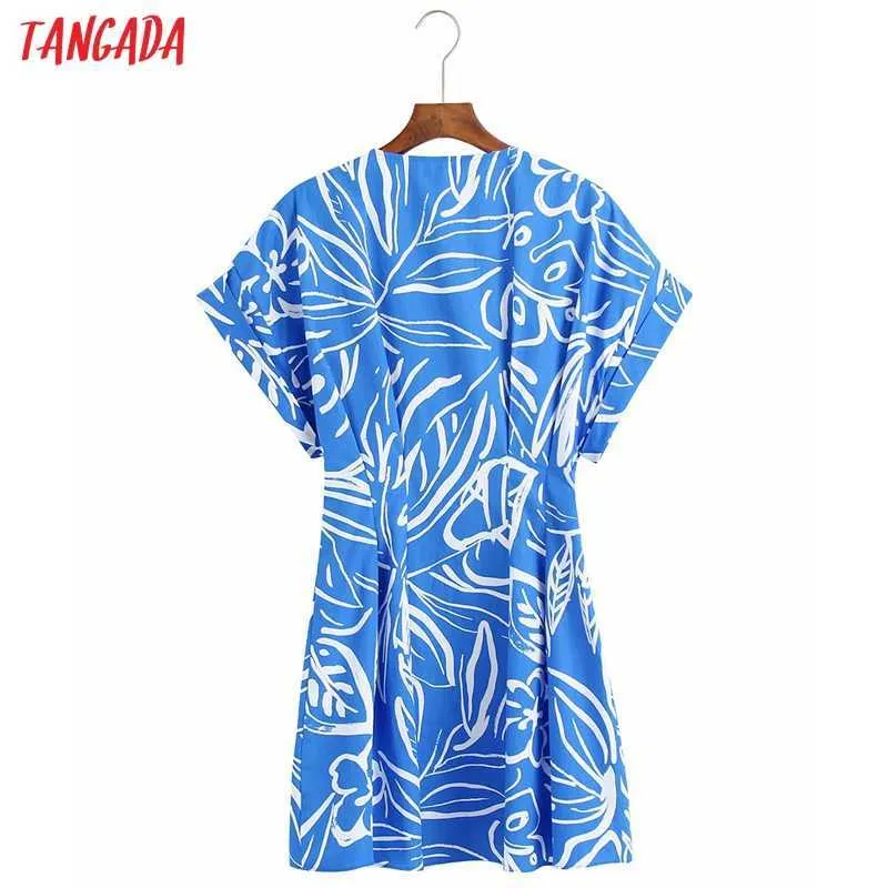 Tangada verano mujer azul estampado floral estilo francés vestido de manga corta señoras túnica mini vestido Vestidos 6Z104 210609