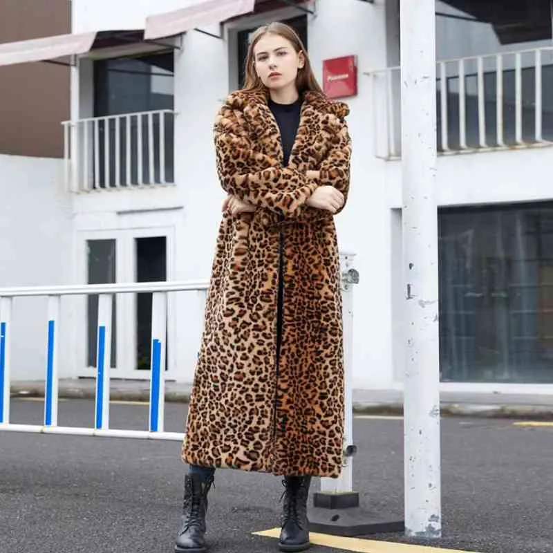 Moda abrigo de piel sintética mujeres invierno casual empalmado leopardo estampado chaqueta femenina gruesa cálida media larga felpa ropa exterior 211220