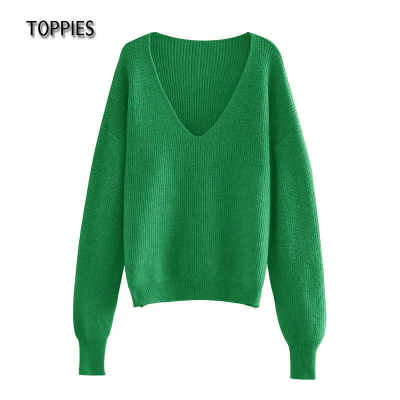 Toppies Sexig Deep V-Neck Sweater Off Shoulder Green White Stickade Toppar Koreanska Vinter Kläder 210914