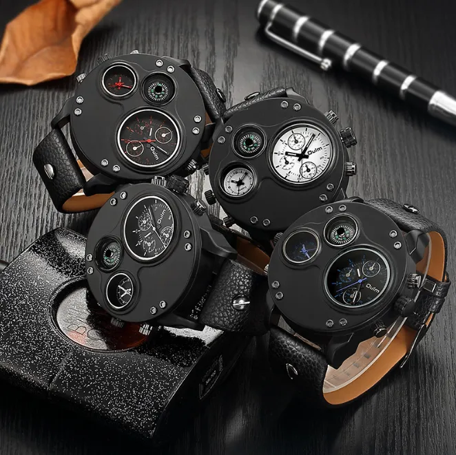 Oulm merk horloge gladde glans celebrity kwaliteit trendy quartz horloge kompas herenhorloges dubbele tijdzone grote wijzerplaat mannelijk Wris2835