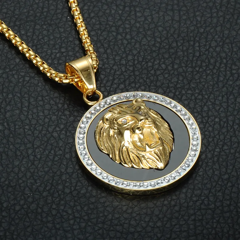 HIP Hop Gold Color Stainless Steel Bling Iced Out Rope Chain Lion Pendants & Necklaces for Men Jewelry