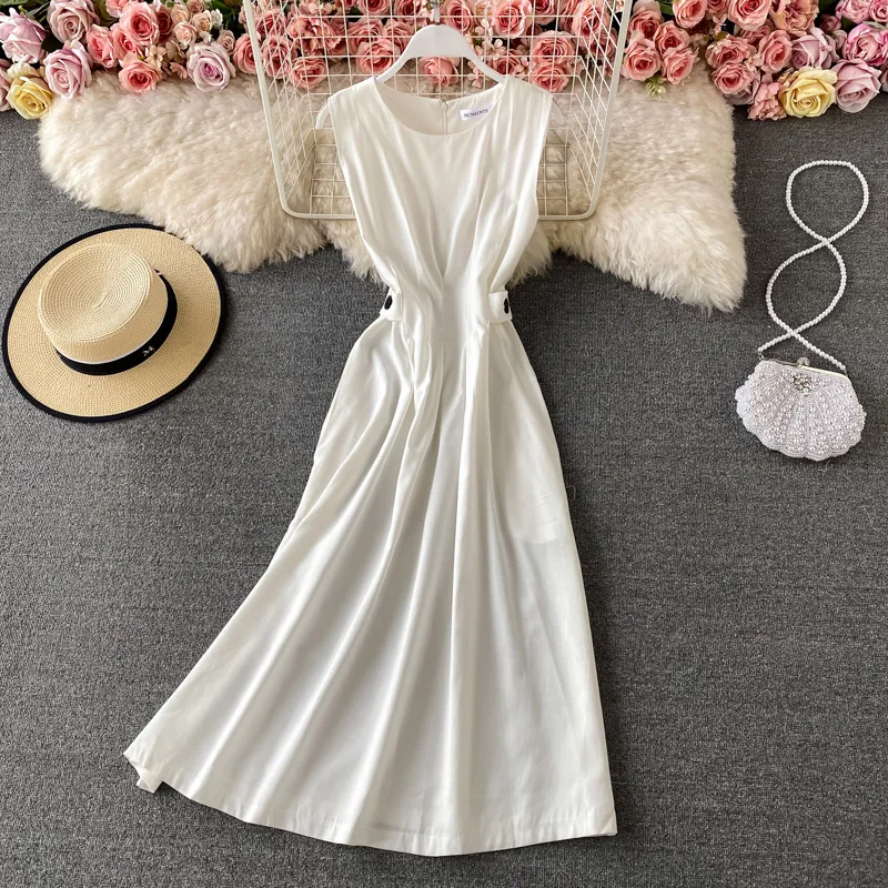 Лето o шеи талия стройное платье MIDI для женской моды без рукавов сплошной цвет элегантный Vinatge большой качели Vestido 210420