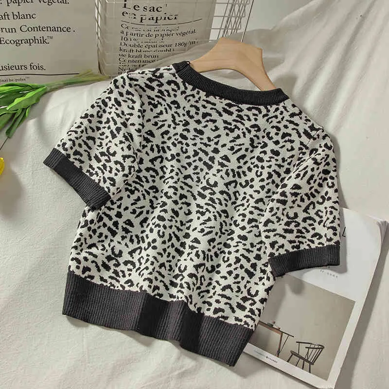 Korobov Vintage Leopard Women Jumper Femme Coreano Maglioni manica corta Autunno Inverno Short Sexy Sueter Mujer 210430