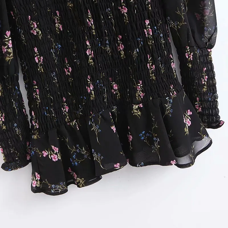 Abiti floreali in chiffon nero Abiti mini con collo quadrato slim bomba donna Fashion Streetwear Vestidos 210520