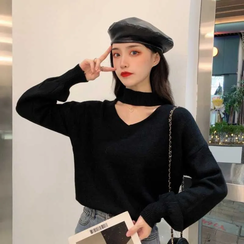 WERUERUYU Women Half Turtleneck Halter Hollow-out Sweater Korean Puff Long Sleeve Knitted Top Autumn Winter Women Knitwear 210608