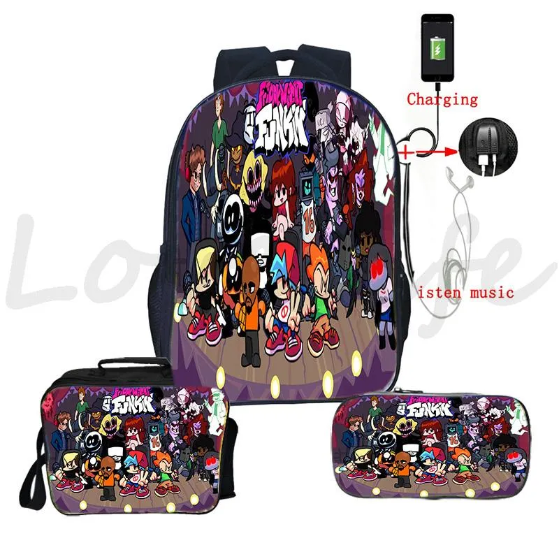 Sac à dos set vendredi soir Funkin Beautiful 3D Print Bookbag Boys Girl School Backpacks USB Charge Knapsack Lunch Box264h