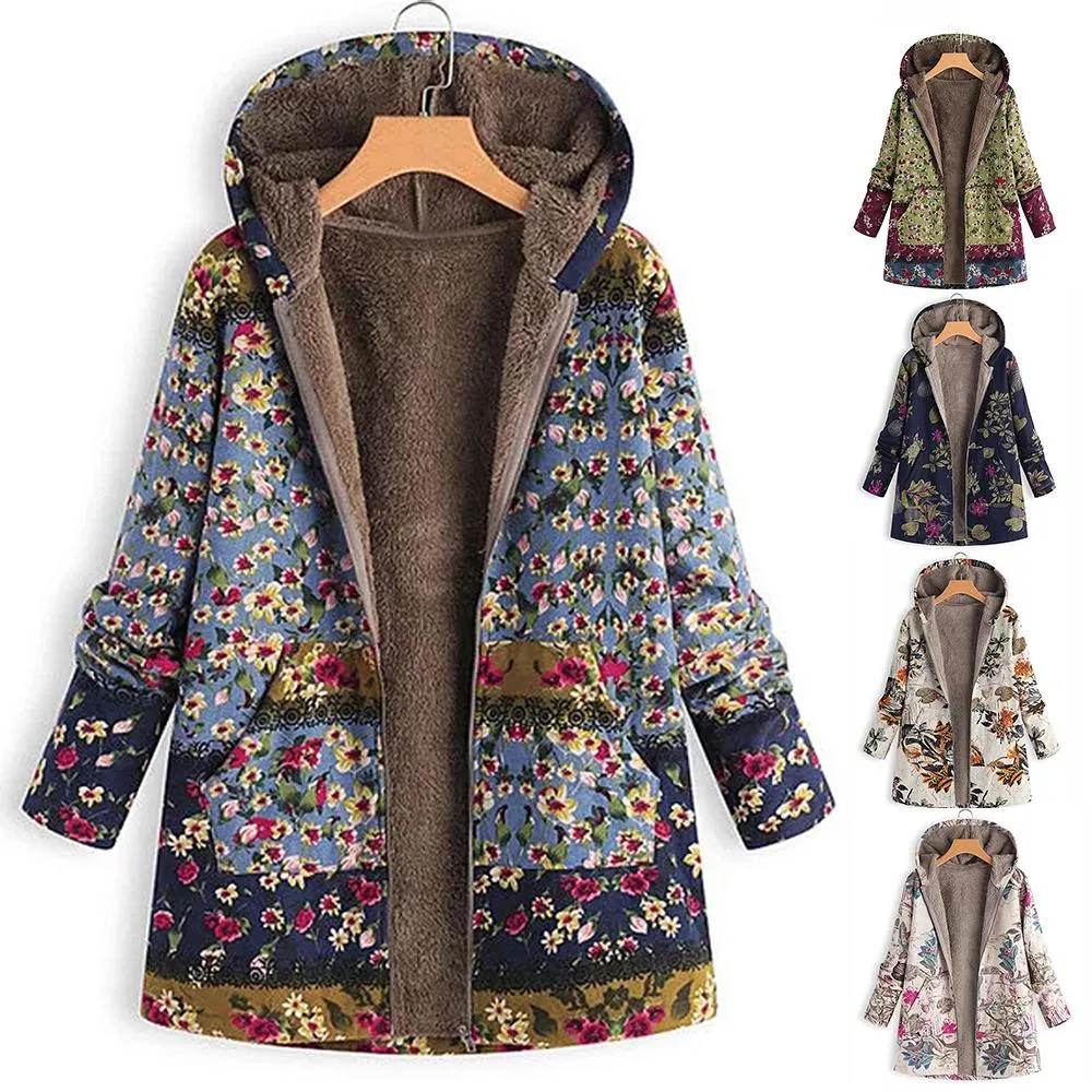 Imprimé floral manteau chaud femmes hiver à manches longues veste à capuche moelleuse future furene de fermeture à fermeture éclair s-5xl