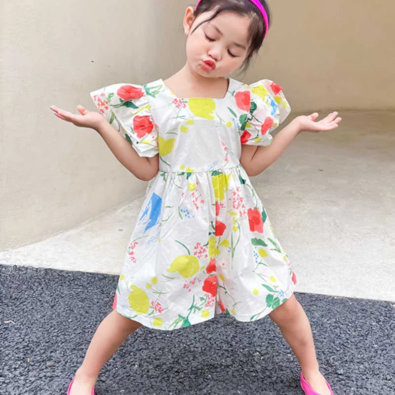 Été filles combinaison volant manches coloré fruits Graffiti lâche Shorts ouvert pantalon bébé enfants vêtements pour enfants 210625