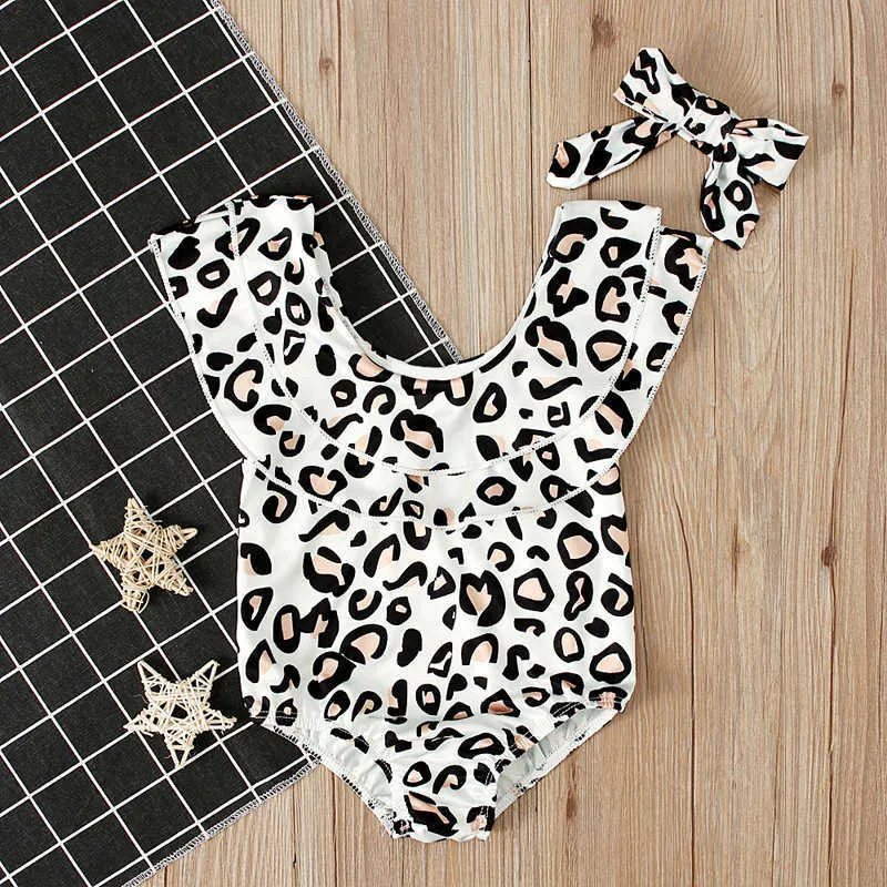 Vestiti ragazze estive Costume da bagno con stampa leopardata + set di due pezzi turbante su set da bambina bianco 210528