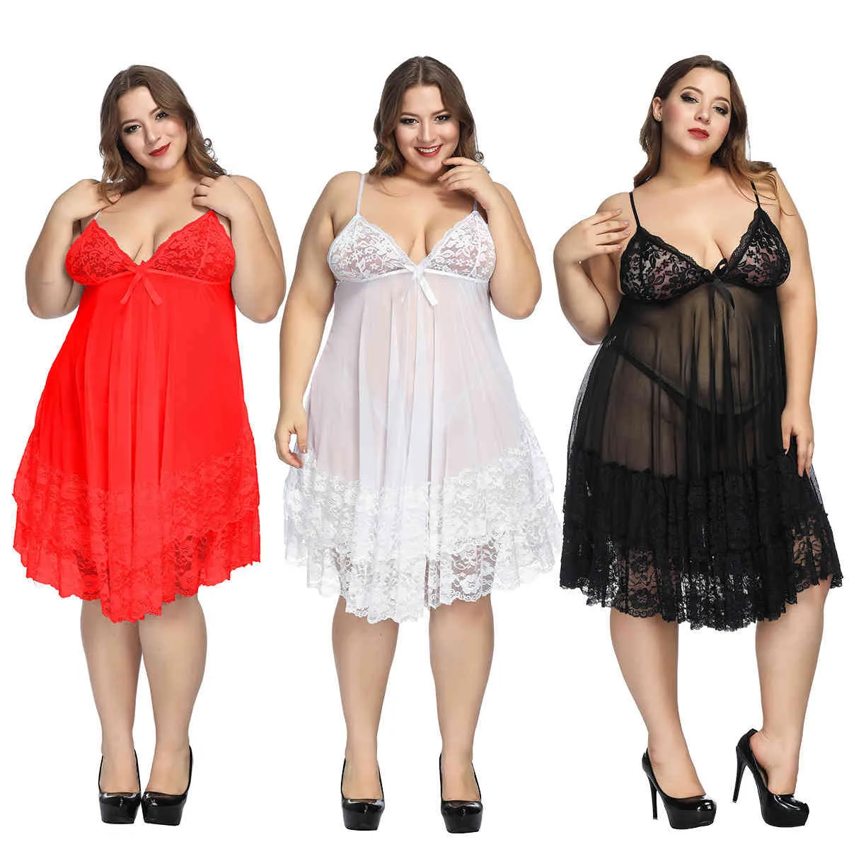 S-7XL Wholesale Plus Size Clothing All White Black Lace Patchwork Women Dresses Free Ladies Sexy Nightwear 210525