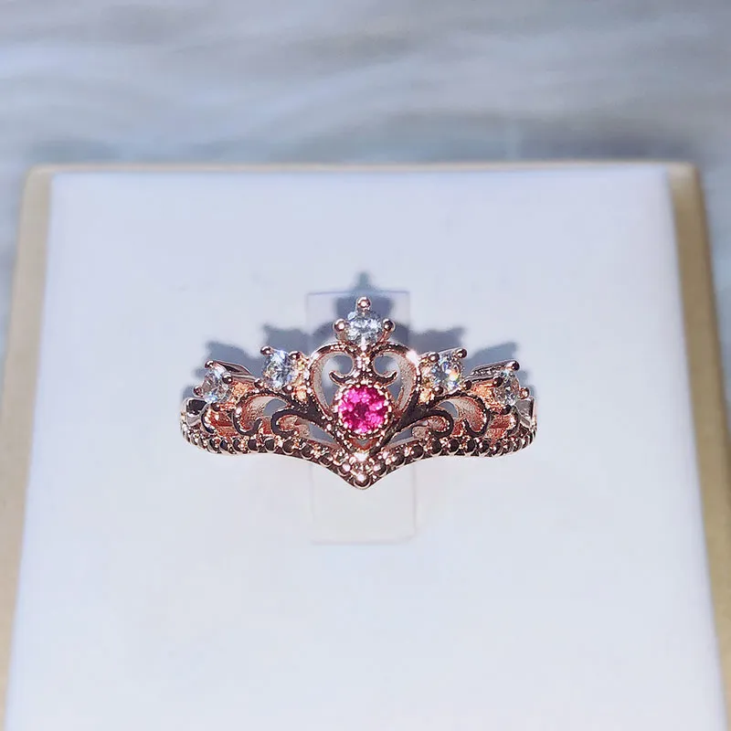 Pierścionki dla kobiet luksusowe drążą korona księżniczki niebieski fioletowy czerwony cyrkon różowe złoto kolor srebrny biżuteria KBR212