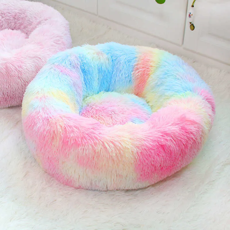 Deep sleep cat bed house pet cat kennel round long plush winter warm nest pad dog bed Teddy rainbow colors Cat Supplies 210722