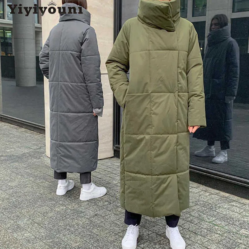 Yiyiyouni المتضخم سميكة طويلة سترة الصلبة كم زر جيوب سترة الإناث عارضة معطف الشتاء مستقيم سيدة 210910