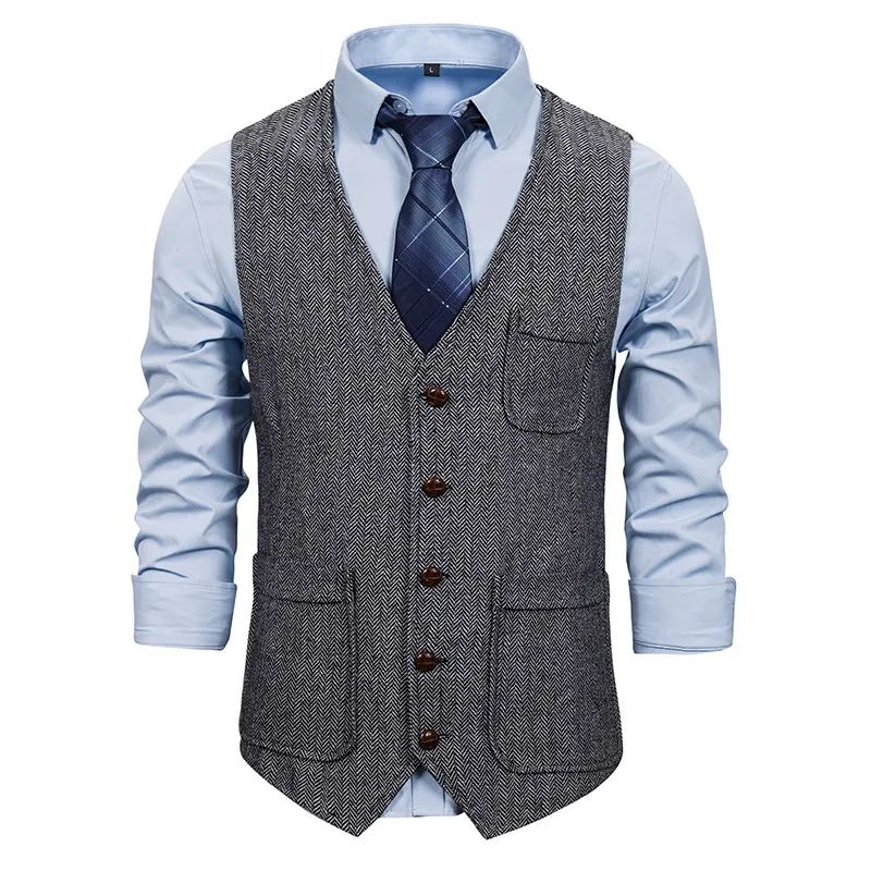 Herringbone Tweed Mens Vest Formele Business Casual Slanke Fit Vesten voor Bruiloft Mannen Gilet Pak Vest Hombre Retro Jas 210524
