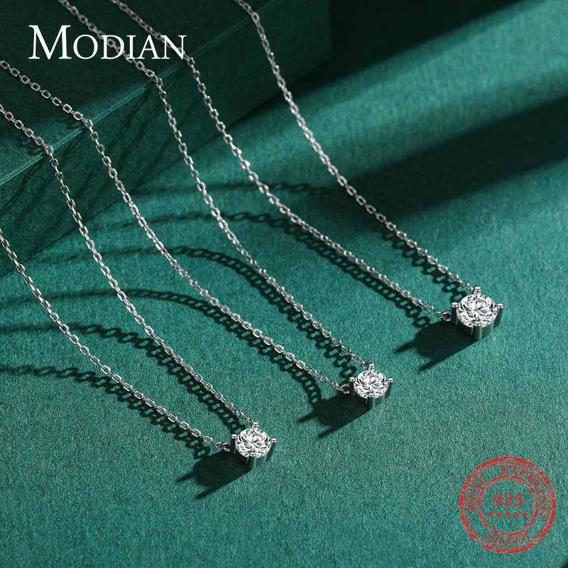 Modian Klassieke 925 Sterling Zilver Ronde Eenvoudige Clear CZ Ketting Kettingen Hanger Voor Vrouwen Bruiloft Engagement Statement Sieraden 21218S