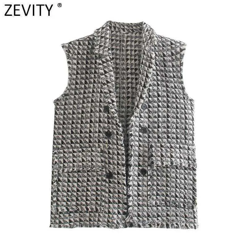 Zevity Women Vintage Houndstooth Tassel Design Ärmlös Vest Jacka Kontor Lady Passar Waistcoat Fickor Outwear Toppar CT685 210603