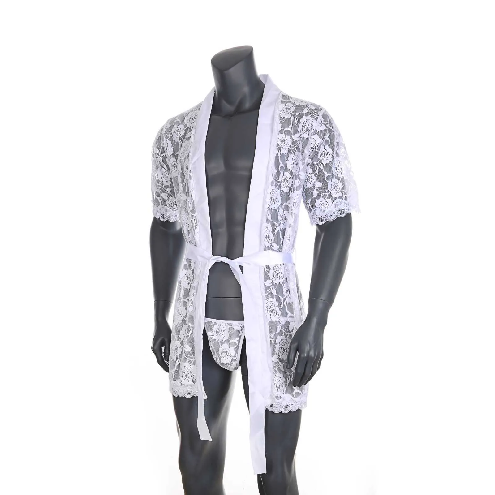 Camicia da notte sexy in pizzo da uomo con perizoma in rete stampata trasparente lunga vestaglia da spiaggia, accappatoio, vestaglia 210901