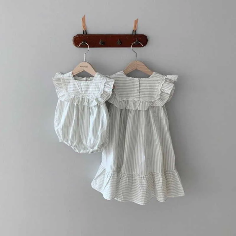 Summer Family Matching Sets Striped Sleeveless Lace Ruffles Bodysuit + Dress Sister Matches Outfits E1536 210610