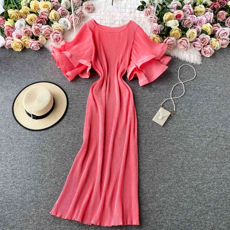 NEPLOE Korean Pleated Women Dress Flare Kortärmad O-Neck Causal Dresses Sommar Mode A-Line Vestidos de Fiesta 4c893 210331