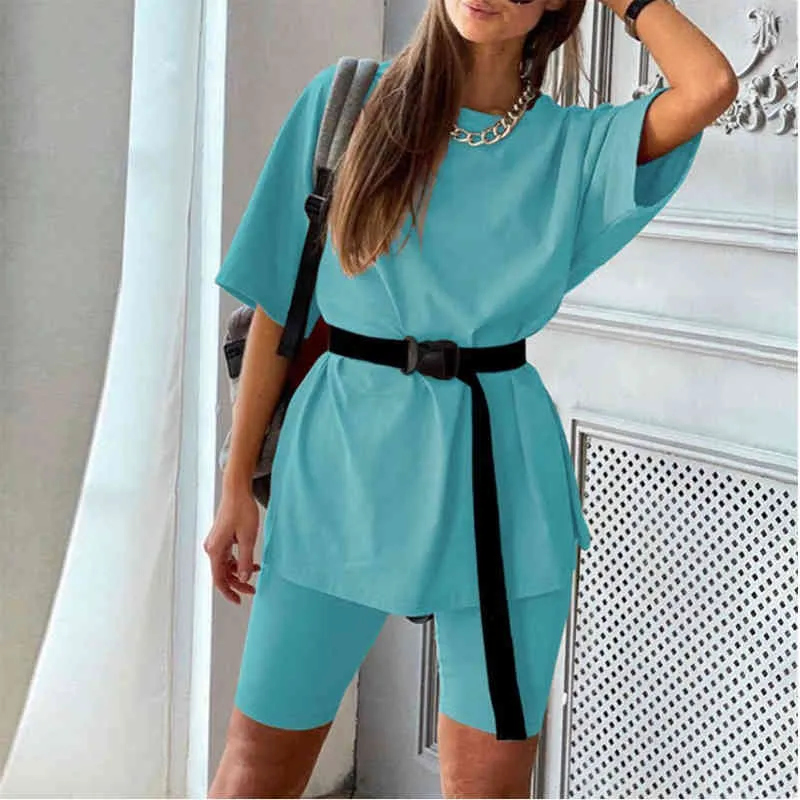 Women Summer Short Sleeve Two Pieces Sets O-Neck T-Shirt And Elastic Waist Bodycon Shorts Solid Streetwear Casual Ladies Suits 210416