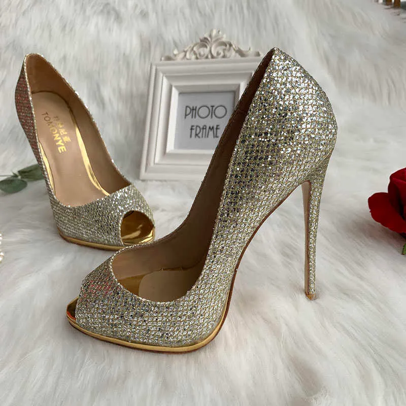 TOMONYE light glitter shinny peep toe women extremely thin high heel pumps with platform custom made spring autumn summer shoes 210610