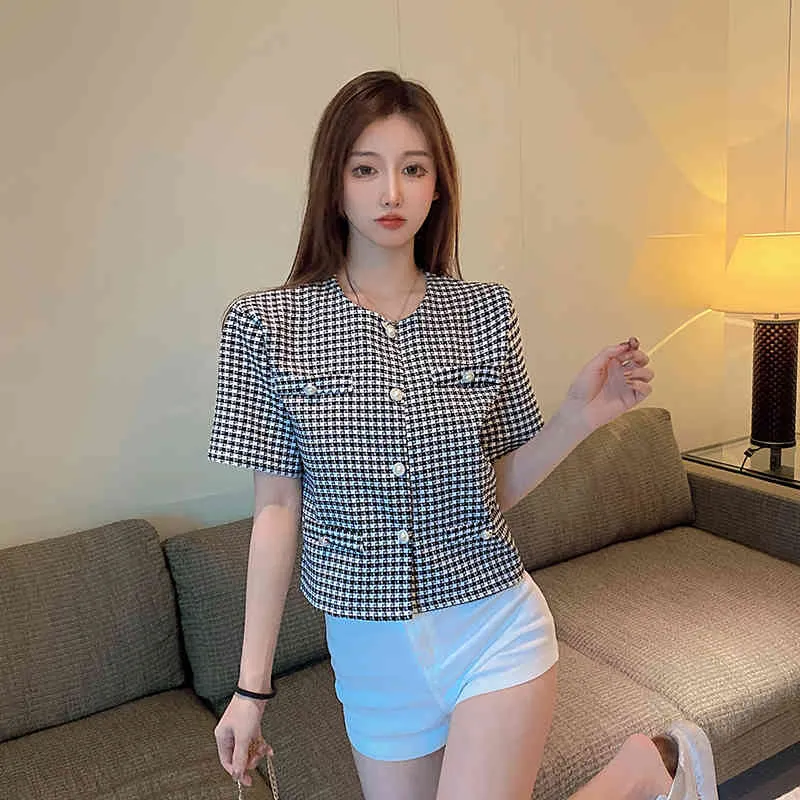 Summer Korean Fashion Short Sleeve Plaid Woman Jacket Vintage Temperament Elegant Office Lady Single-Breasted Chic Top 210518