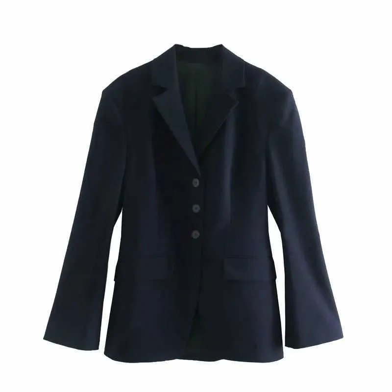 Za mulheres blazer casacos de mangas compridas Único breasted slim casual ternos casacos azul escuro senhora tops 210602