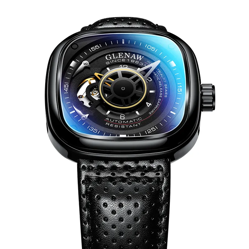 Glenaw design marca masculina oco automático preto relógio mecânico gmt marca superior reloj hombre relógios à prova dwaterproof água 210407239o