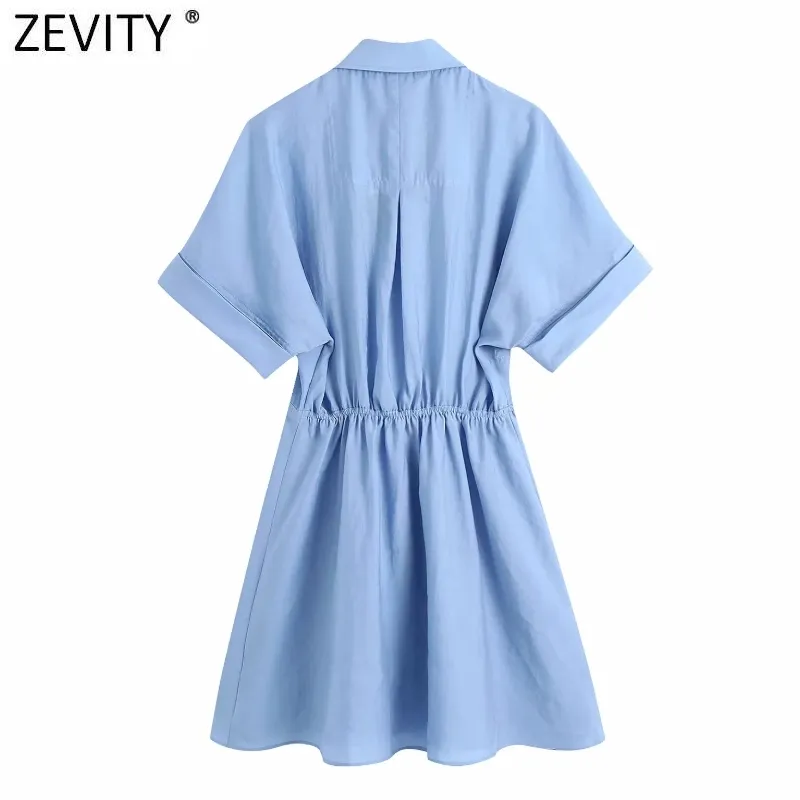 Zeefity vrouwen mode zak patch effen kleur casual slanke shirt jurk kantoor dame elastische taille breasted business vestido ds8324 210419