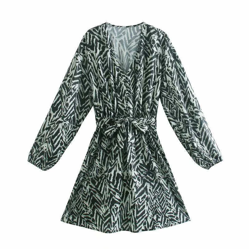 ZA Ruffle Animal Print Mini Dress Women Long Puff Sleeve Elastic Waist Vintage Dresses Female Belt Front Button Vestido 210602