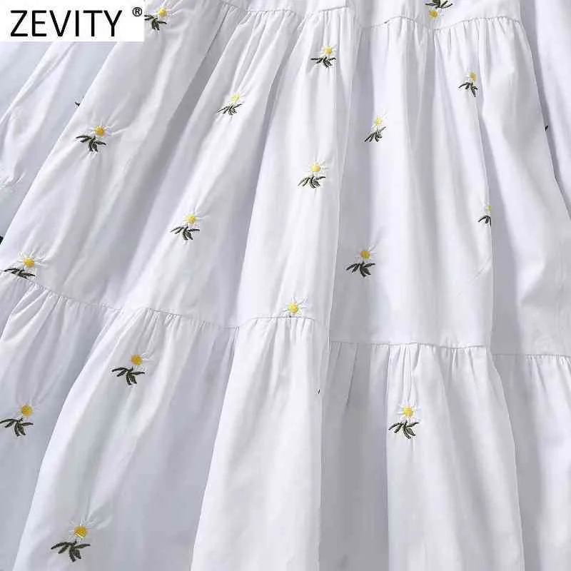 Frauen Fashion Floral Stickerei Casual Slim Falten Hemd Kleid Weibliche Chic Weiß Party Vestido Business Tuch DS4969 210420
