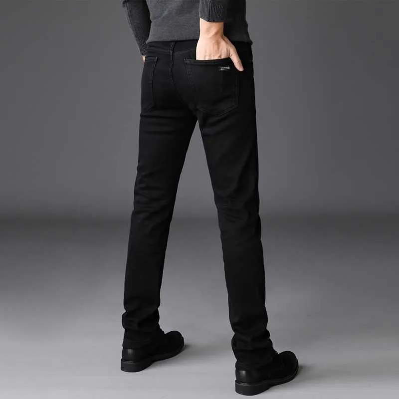 SHAN BAO Fleece Thick Thin Winter Jeans Estilo clásico Hombres ajustados Straight Pure Black Thick Warm Jeans 210531