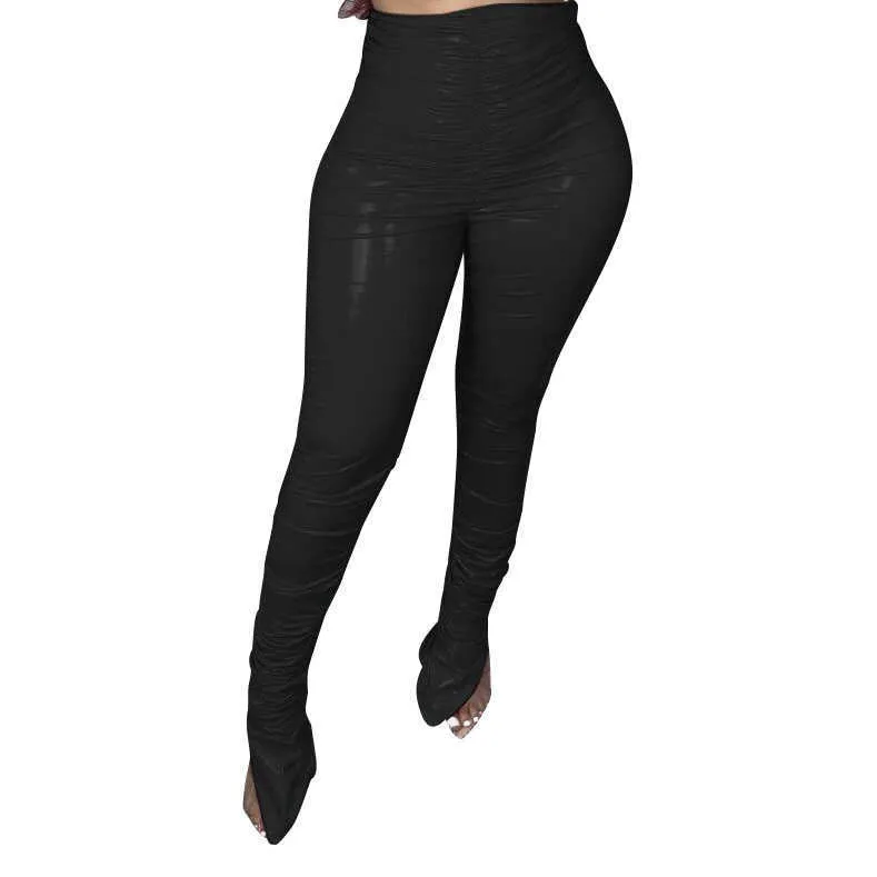 Kobiety Odzież Moda Casual Skinny Ołówek Faux Skórzane Spodnie Damy Wysoka Talia Plisowane Ułożone Pantalones De Cuero Mujer 210604