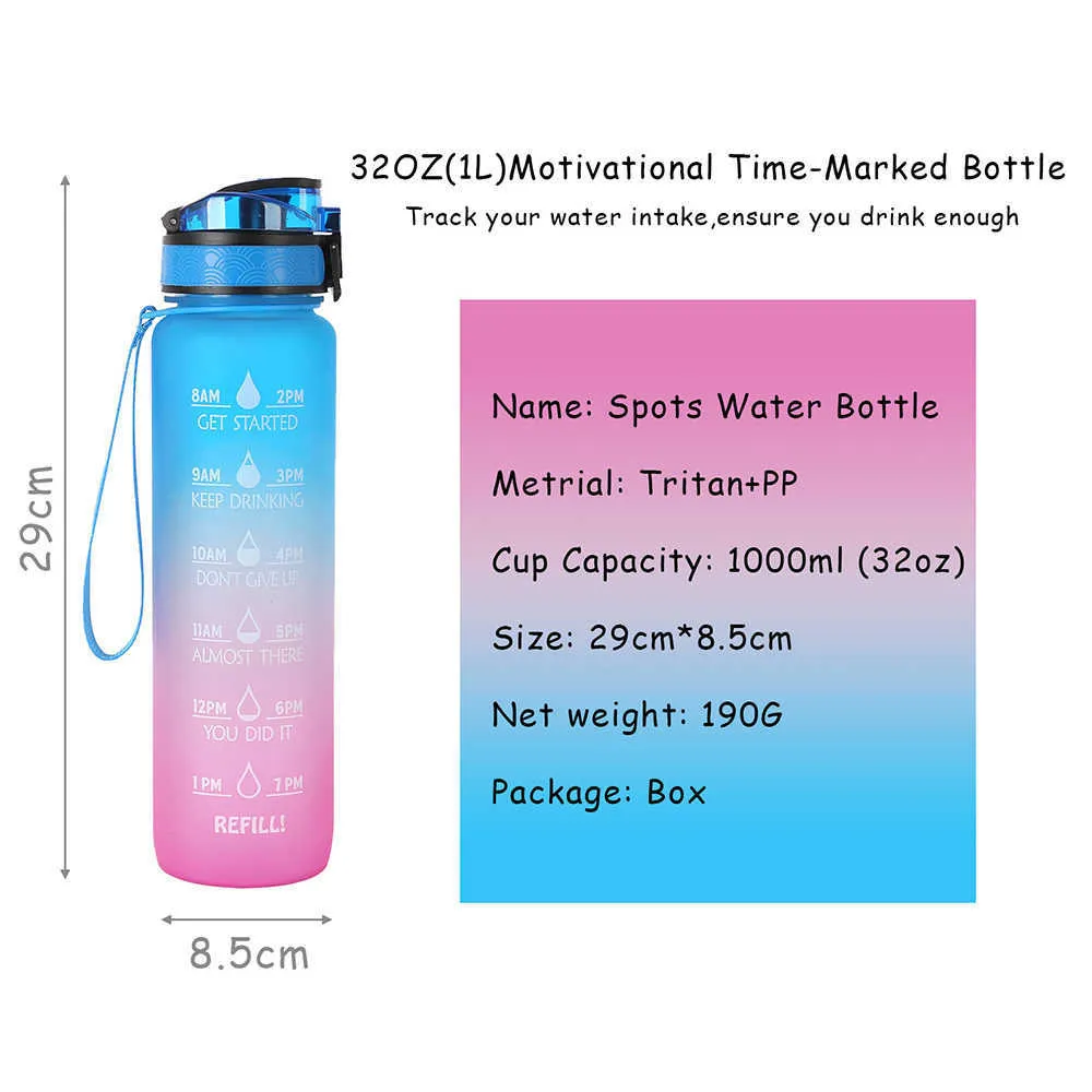 1L Tritan Material Water Fles met Tijd Marker BPA Gratis Frosted Leakproof Draagbare herbruikbare beker voor buitensporten Fitness 211013