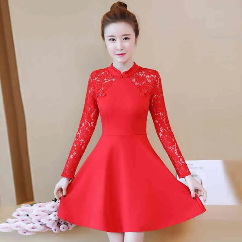Damska wiosna jesienna sukienka chiński styl cheongsam-styl koronki jednolity kolor z długim rękawem cienkie es qx903 210507