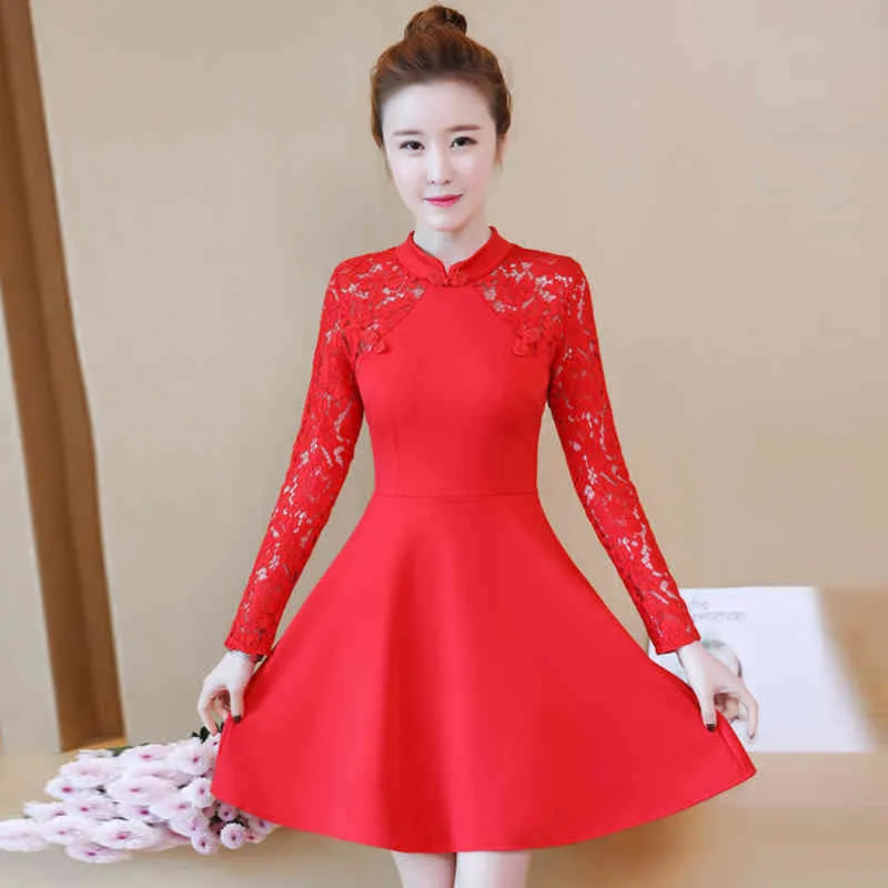 Frauen Frühling Herbst Kleid Chinesischen Stil Cheongsam-stil Spitze Einfarbig Lange ärmeln Dünne Kurze ES QX903 210507