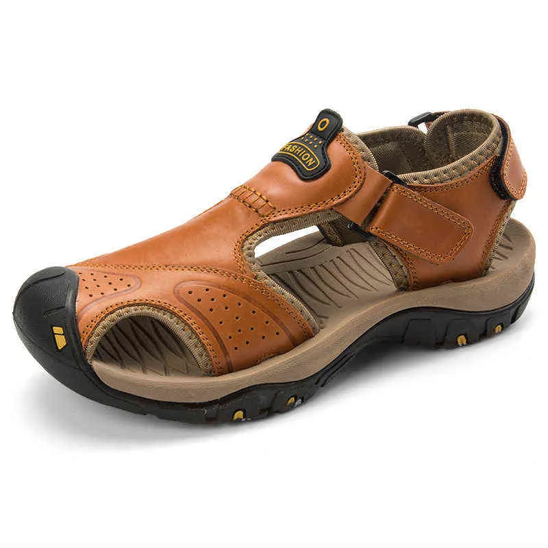Сандалии новые плюс размер натуральные кожаные ботинки кожаные мужчины мужские летние качества пляжные тапочки повседневные кроссовки наружный человек 220302